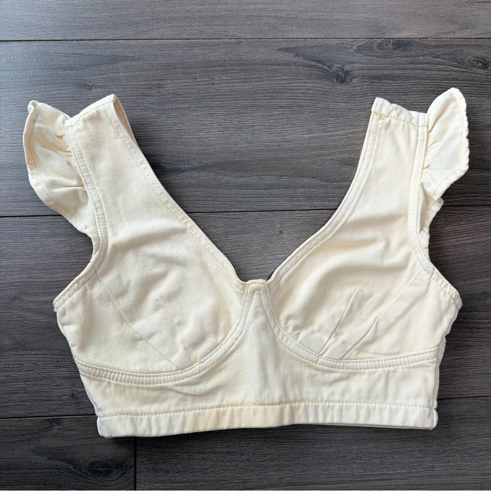 Cream denim Ruffle Strap Bralette Top- cropped top